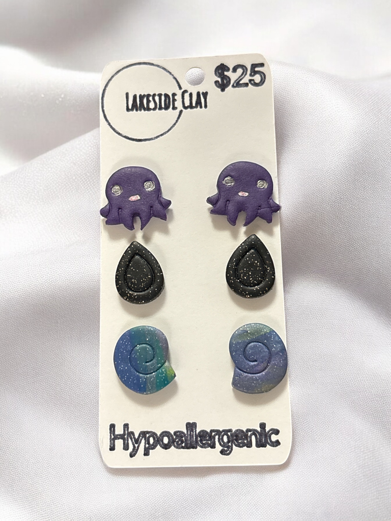 Octopus, Drops, Swirl Shells Studs