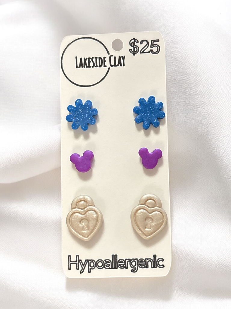 Flowers, Mice, Heart Locks Studs