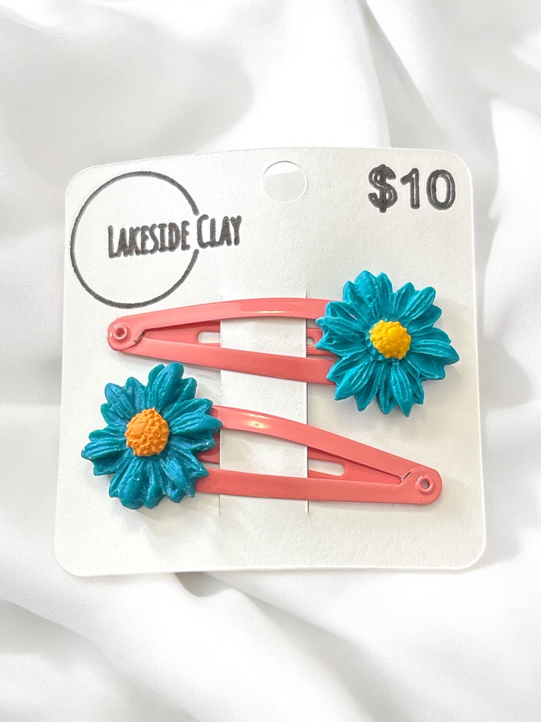 Teal Flowers Hair Clips