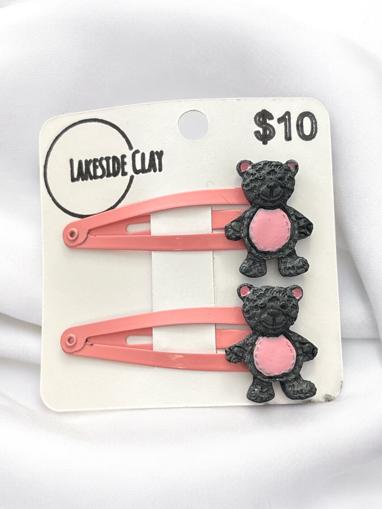 Grey & Pink Teddies Hair Clips