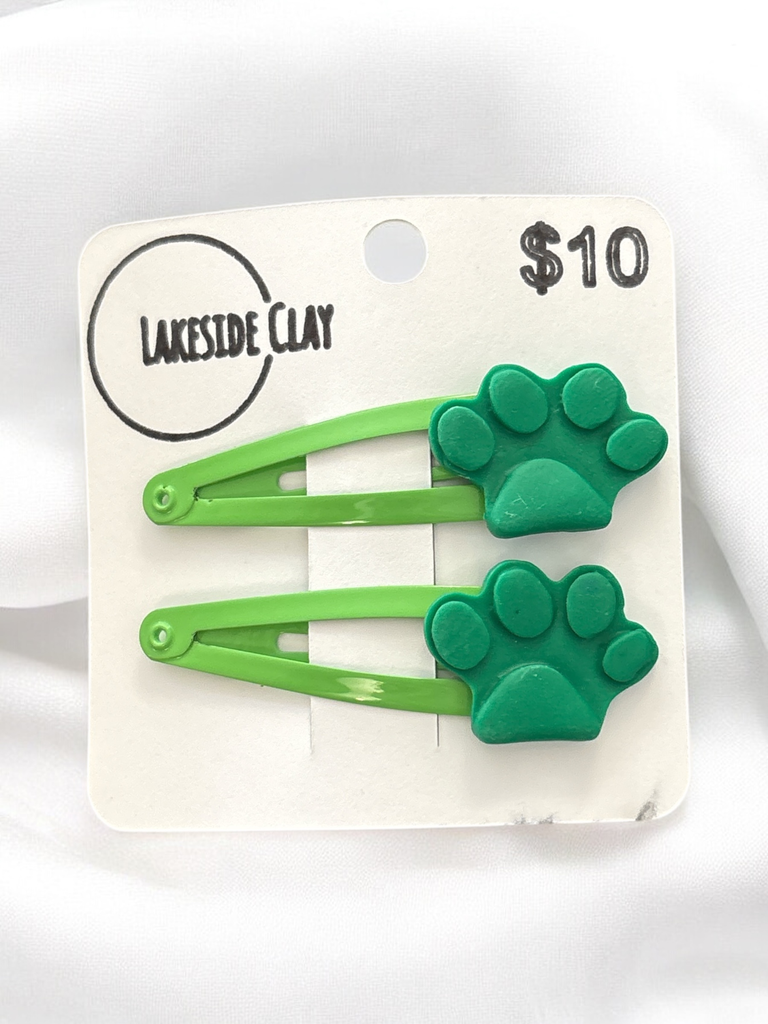 Green Paw Prints Hair Clips