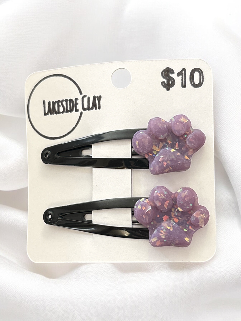 Purple Opalescent Paw Print Hair Clips