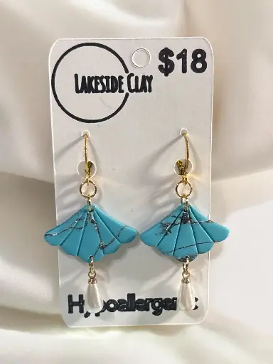 [56-7] Faux Turquoise Fans with Pearls